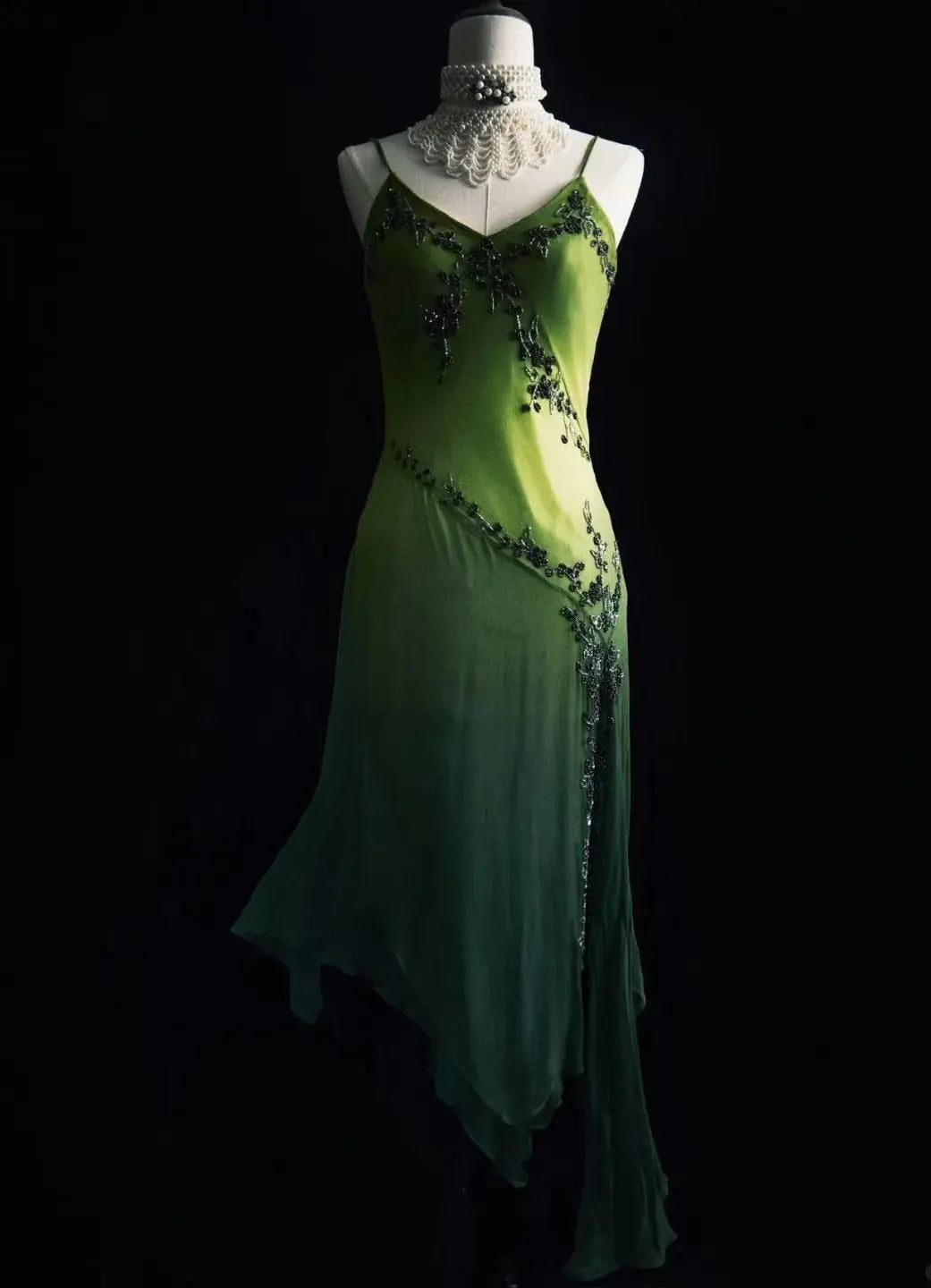 Spaghetti Straps Sheath Beaded Chiffon Long Vintage Green Prom Dresses with Slits