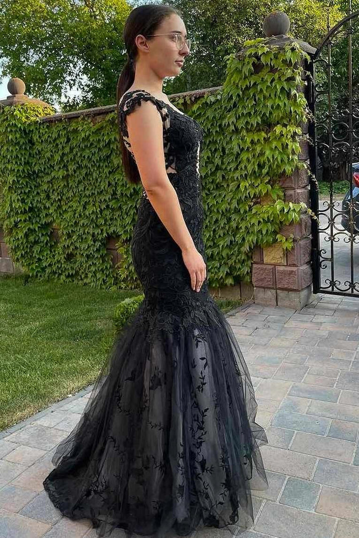 Tulle Elegant Black Deep V Neck Lace Applique Mermaid Formal Prom Dress
