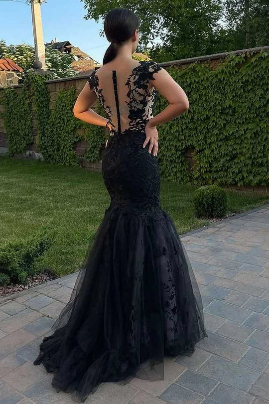 Tulle Elegant Black Deep V Neck Lace Applique Mermaid Formal Prom Dress
