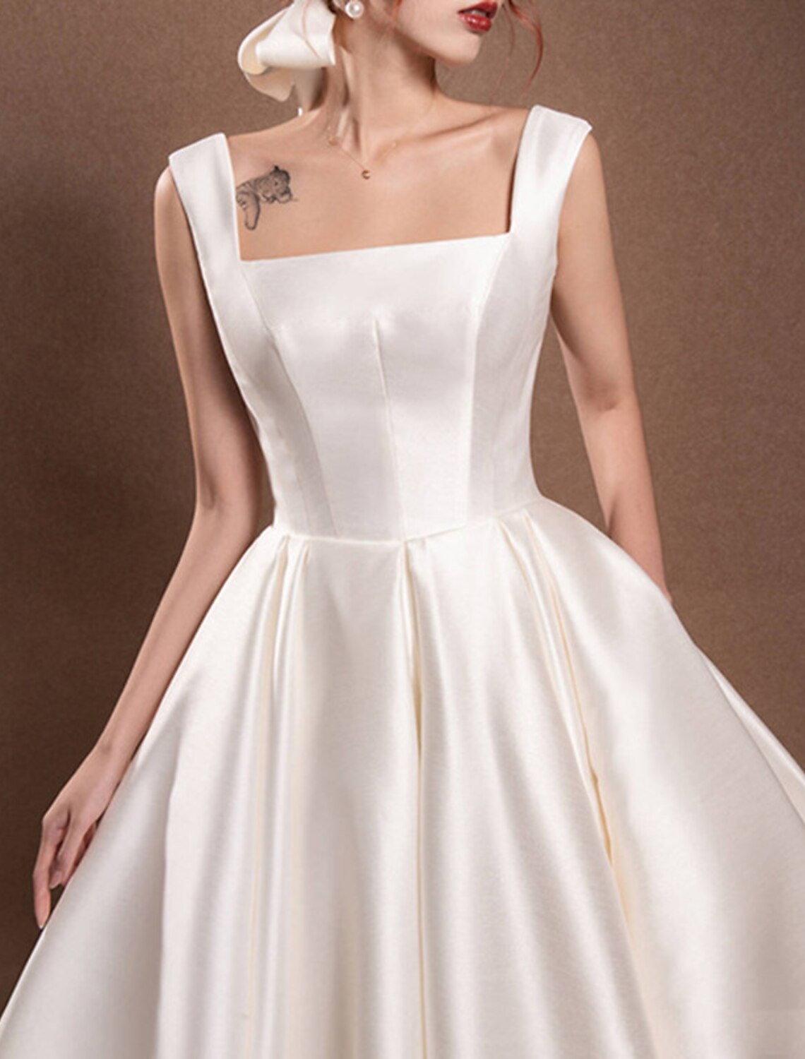 Reception Vintage 1940s / 1950s Little White Dresses Wedding Dresses A-Line Square Neck Regular Straps Ankle Length Satin Bridal Gowns With Bow(s)