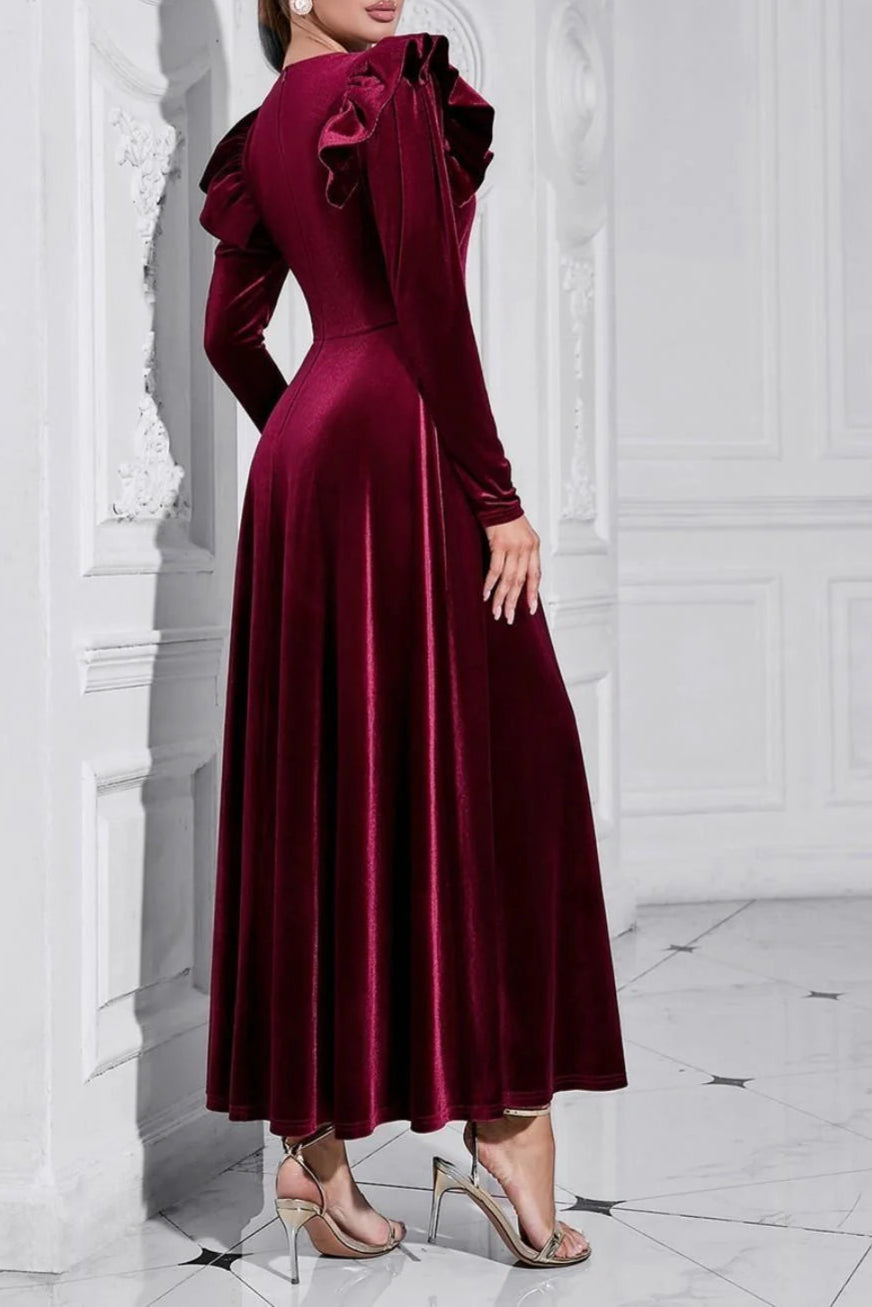 Appropriate color matching A Line V Neck Burgundy Ruffled Long Velvet Prom Dress