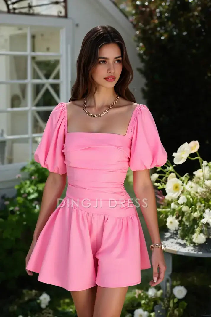 JiesenDress Mini Dress Elegant Trumpet Square Neck Puff Sleeves Pleated Simple Discount Hot Sale Homecoming Dress