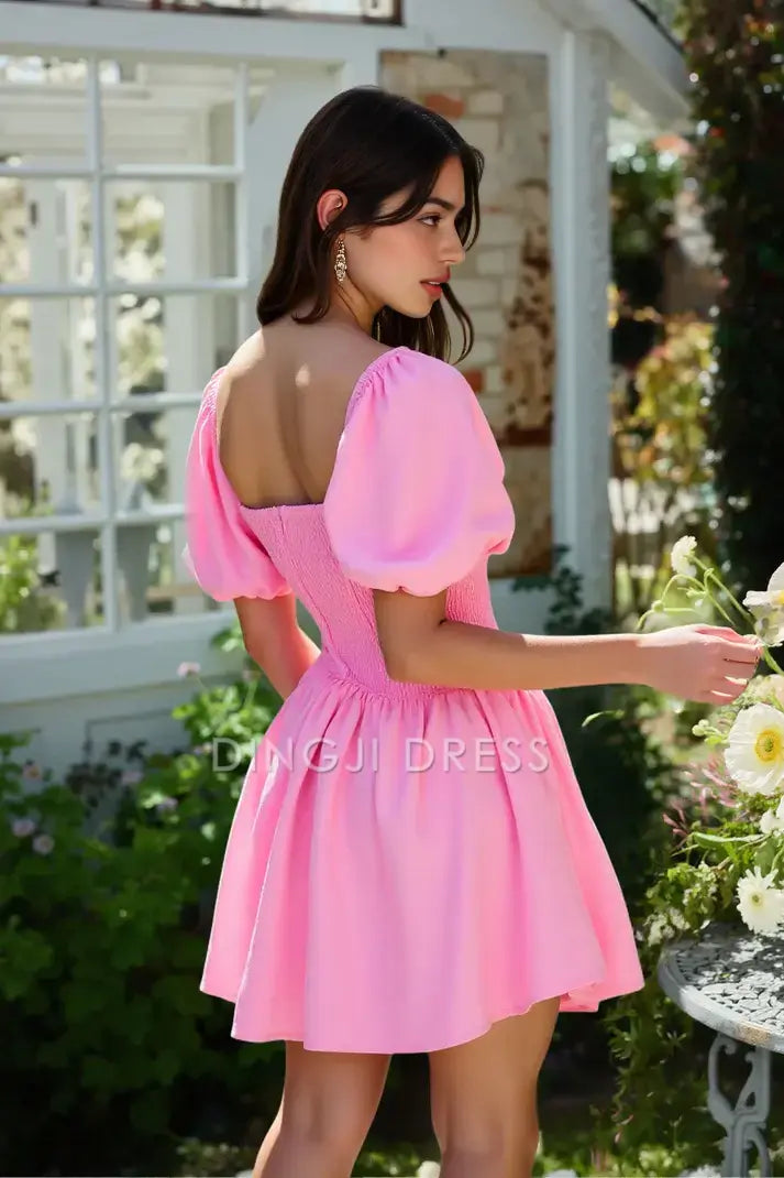 JiesenDress Mini Dress Elegant Trumpet Square Neck Puff Sleeves Pleated Simple Discount Hot Sale Homecoming Dress