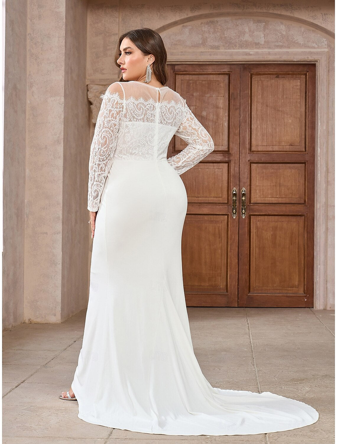 Floor Length Lace Wedding Dresses Mermaid Neck Long SleeveBridal Gowns With Appliques