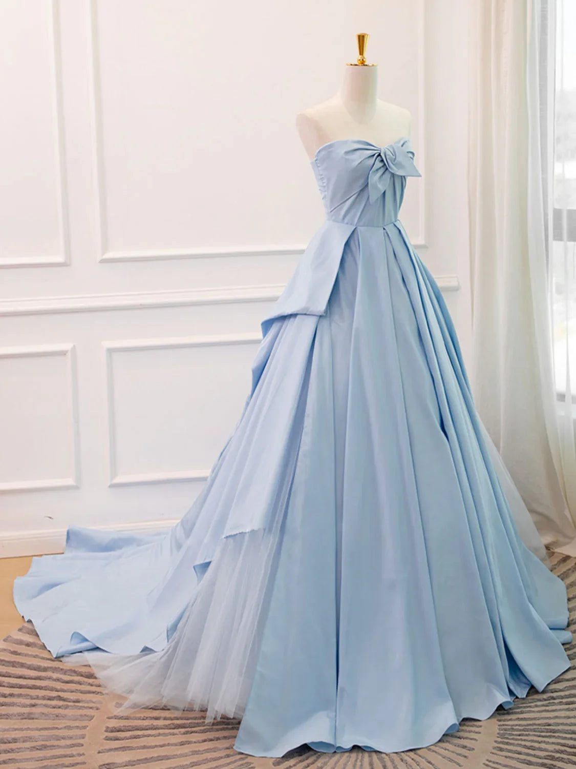 A Line Sweetheart Neck Blue Satin Tulle Unique design Long Prom Dress