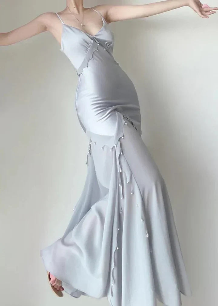 Elegant Mermaid Spaghetti Strap Pearl Grey Satin Long Prom Dress