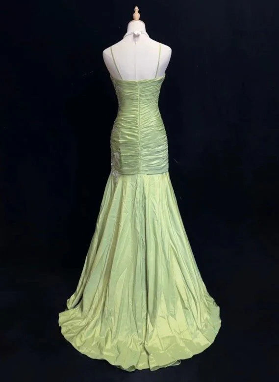 Sweetheart Neck Appliques Green Satin Long Party Dress Vintage Mermaid Evening Dress