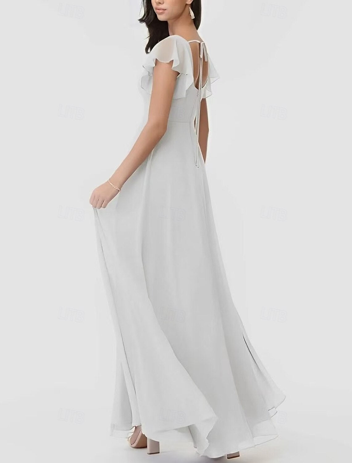 A-Line Short Sleeve Bridesmaid Dress Scoop Neck Elegant Floor Length Chiffon / Spandex with Ruffles / Draping / Split Front