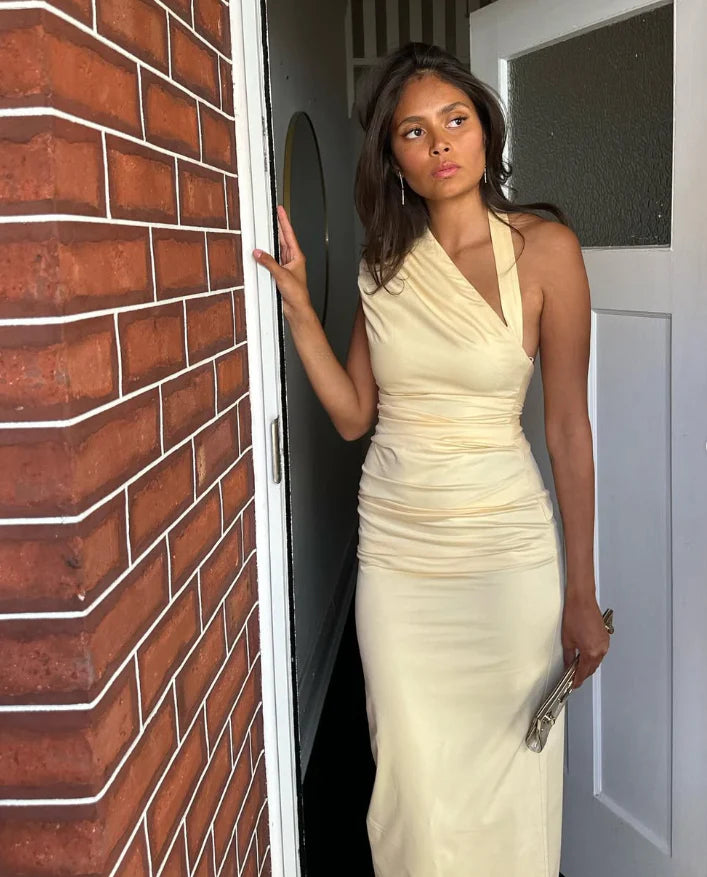 Halter Light Yellow Satin Long Prom Dress Charming Sheath Evening Dress