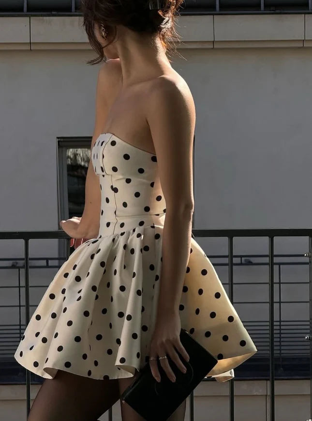 Polka Dots Satin Short Homecoming Dress Cute A Line Strapless Birthday Dress