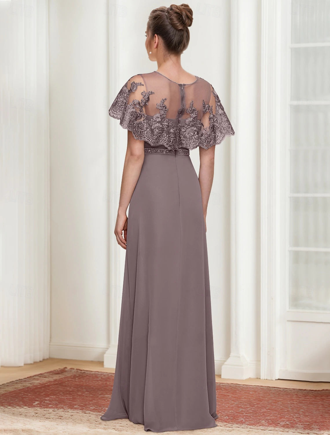 A-Line Dress Mother of the Bride Dress Elegant Simple Jewel Neck Floor Length Chiffon Short Sleeve with Lace Tier Solid Color