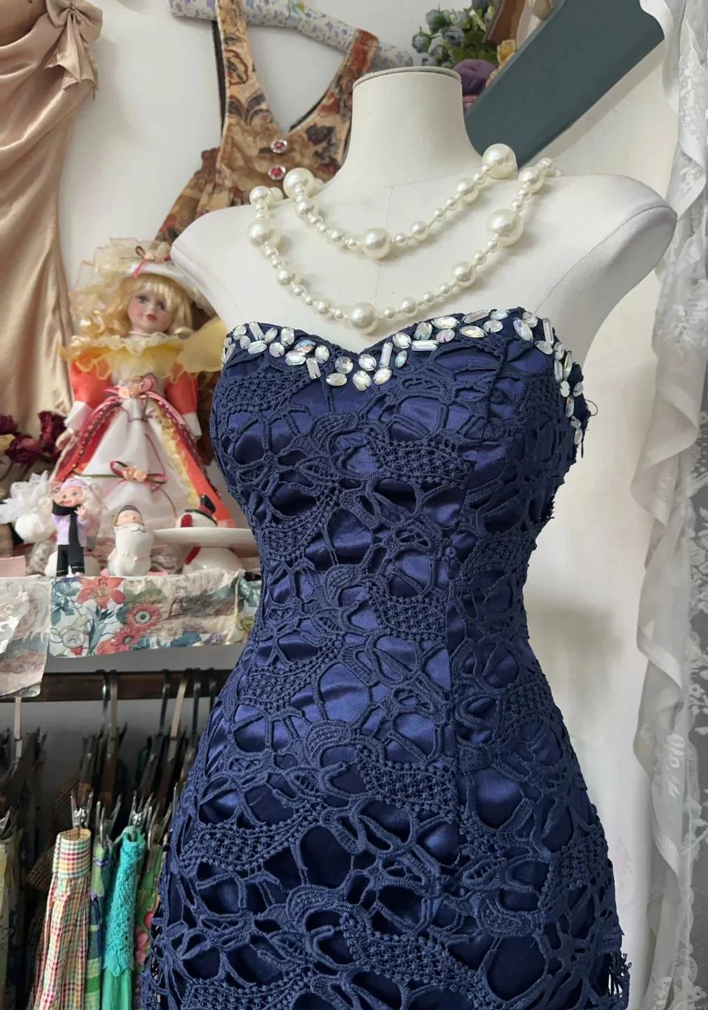 Elegant Navy Mermaid Prom Dress Backless Strapless Chiffon Birthday Evening Dress