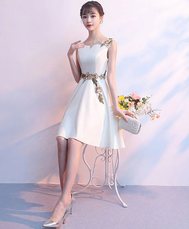 Light Champagne Satin Applique Short Prom Dress, Cute Simple Homecoming Dress