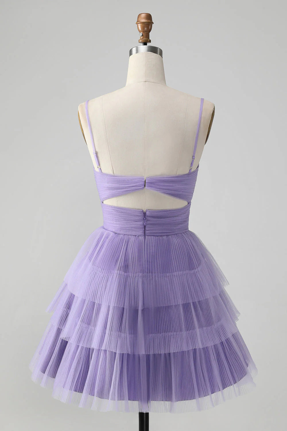 A Line Spaghetti Straps Cute Purple Tulle Tiered Short Homecoming Dress