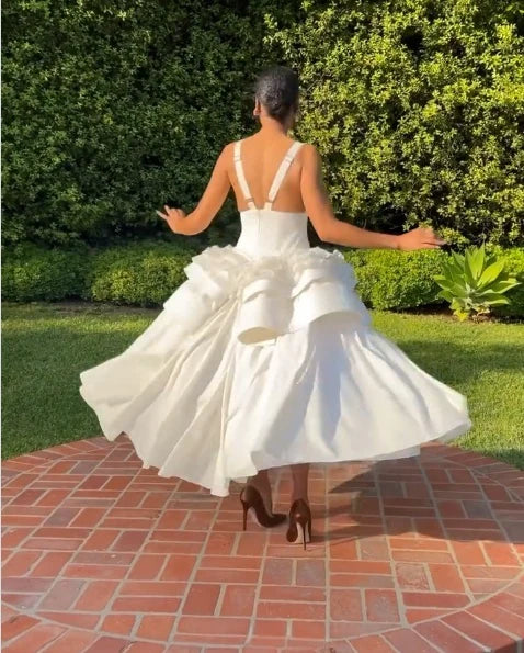 A Line White Sexy Evening Dress Ankle Length Satin Sleeveless Prom Dresses