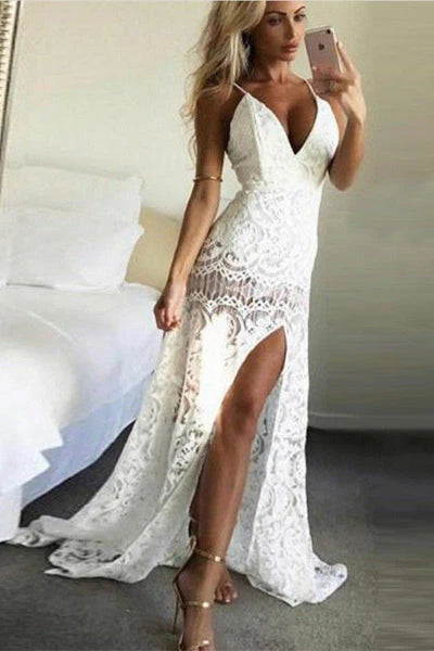 UNIQUE SPAGHETTI STRAPS APPLIQUES SLEEVELESS V-NECK FRONT SLIPT PROM DRESS