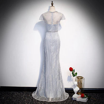 Sexy Sequin Unique design Prom Dresses Silver Floor Length Evening Dress