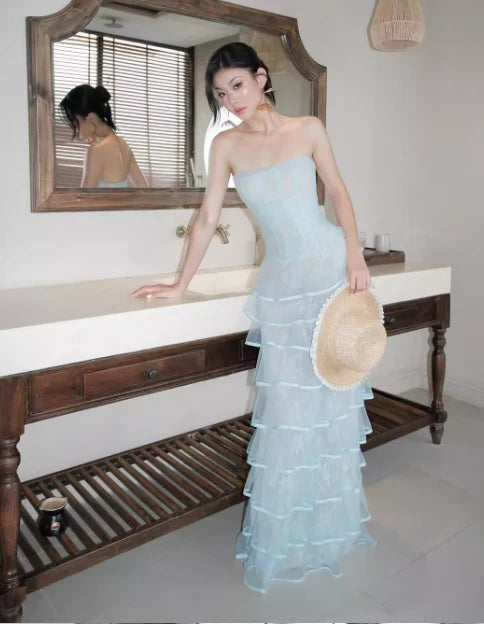 Baby Blue Sheath Strapless Layered Lace Tulle Prom Dress Unique design Evening Dress