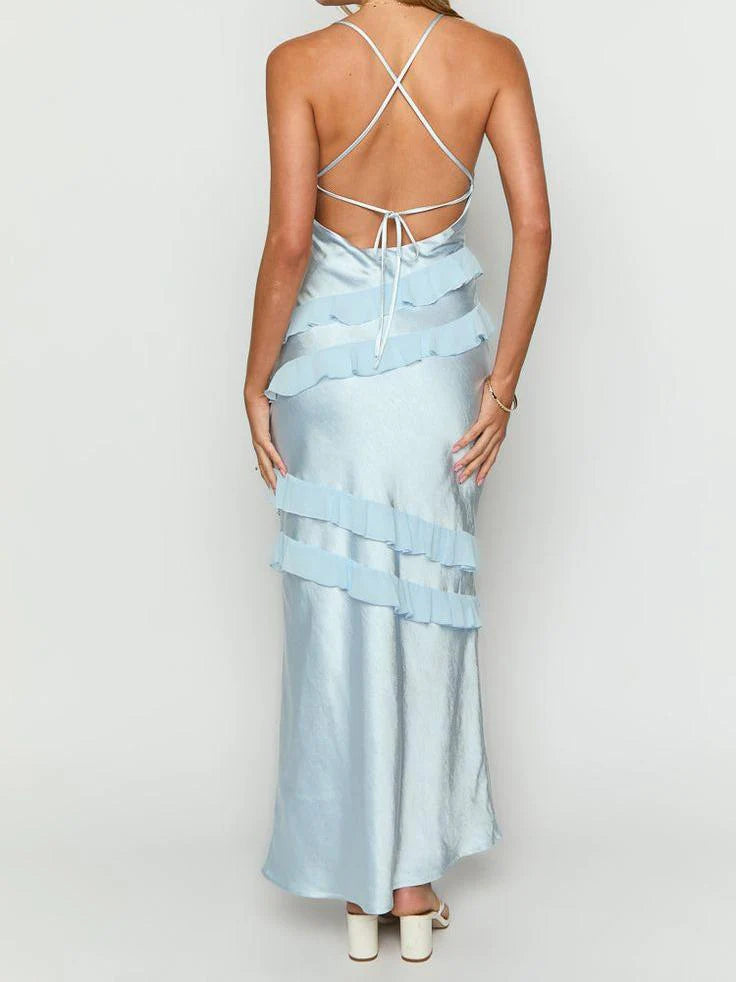 Sheath Spaghetti Straps Satin Ruffles Long Prom Dresses Backless Stunning Sky Blue Party Dress