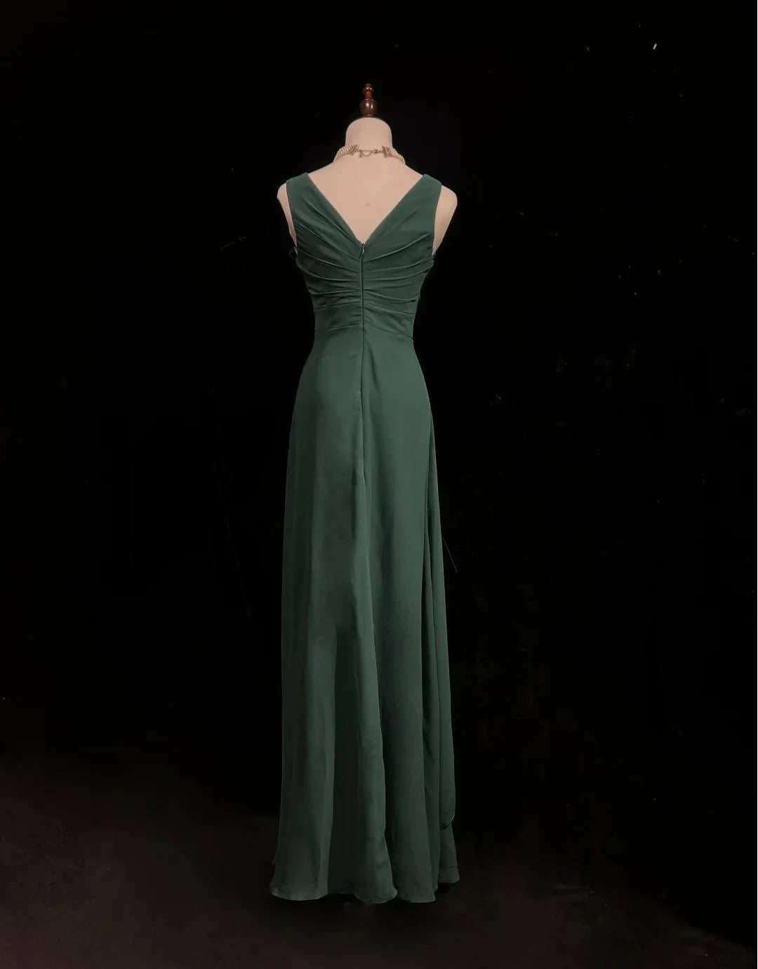 Simple Dark V-neck Chiffon A-Line Bridesmaids Dress, Elegant Green Evening Dress