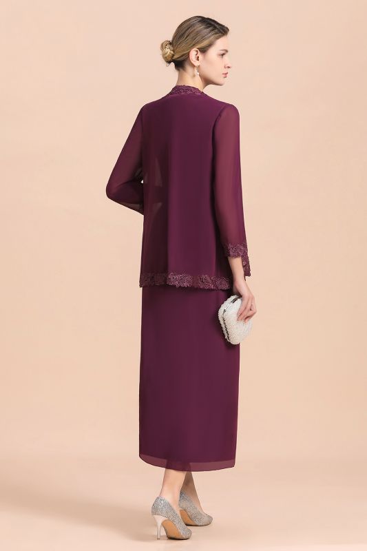 Grape Chiffon 2 Piece Mother of Bride Dress Wedding Guest Suits with Wraps Lace Appliques