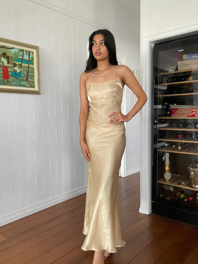 Spaghetti Strap Satin Open Back Evening Dress Simple Sheath Party Dress