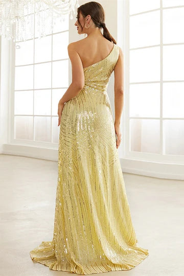 Gold Sequins One-Shoulder A-Line Classic fit Long Formal Dress with Slit