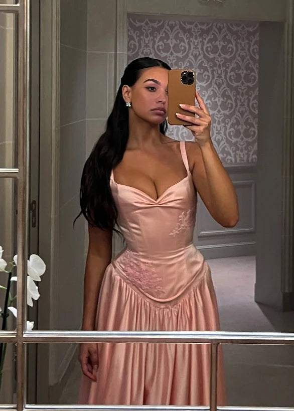 Pink A Line Spaghetti Straps Appliques Satin Long Prom Dress Evening Dress