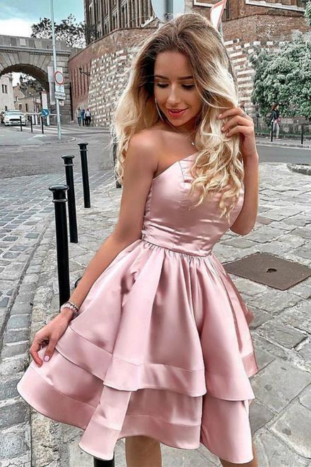 A Line Short Simple Prom Gown Pink Satin Strapless Two Layers Homecoming Dress