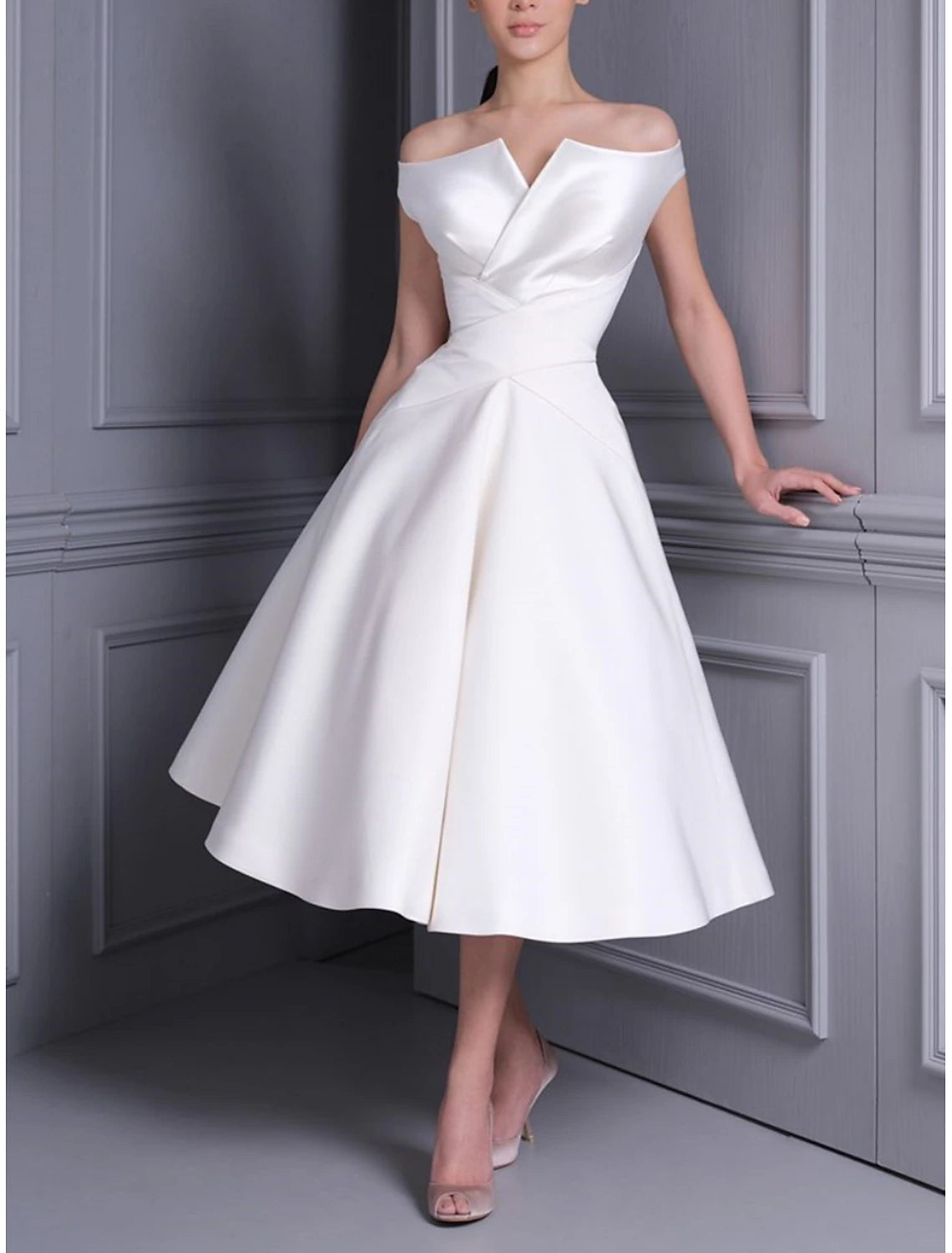 Little White Sleeve Tea Length Satin Dress Bridal Shower Dresses Wedding Dresses A-Line Off Shoulder Cap Bridal Gowns With Pleats Solid Color