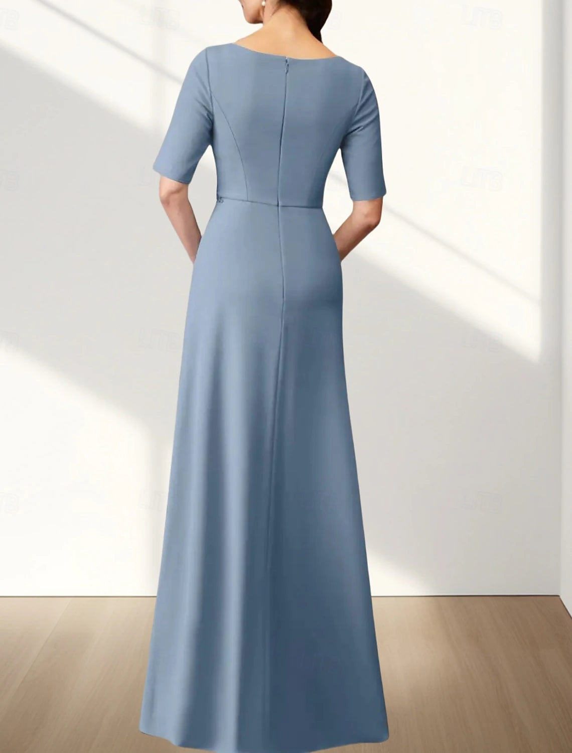 A-Line Mother of the Bride Dress Wedding Guest Elegant Crew Neck Floor Length Chiffon Stretch Fabric Half Sleeve with Appliques Ruching