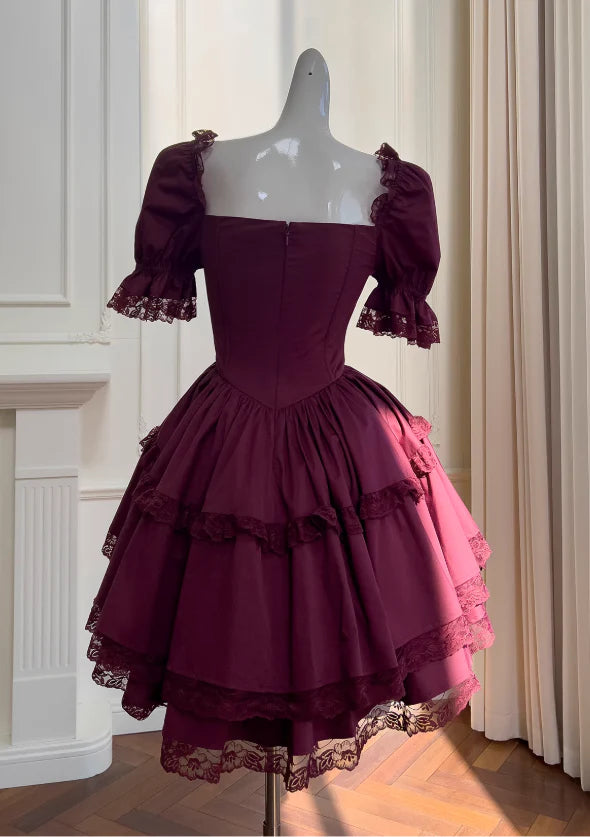Burgundy lace short-sleeved dress retract your waist adult ceremony evening dress