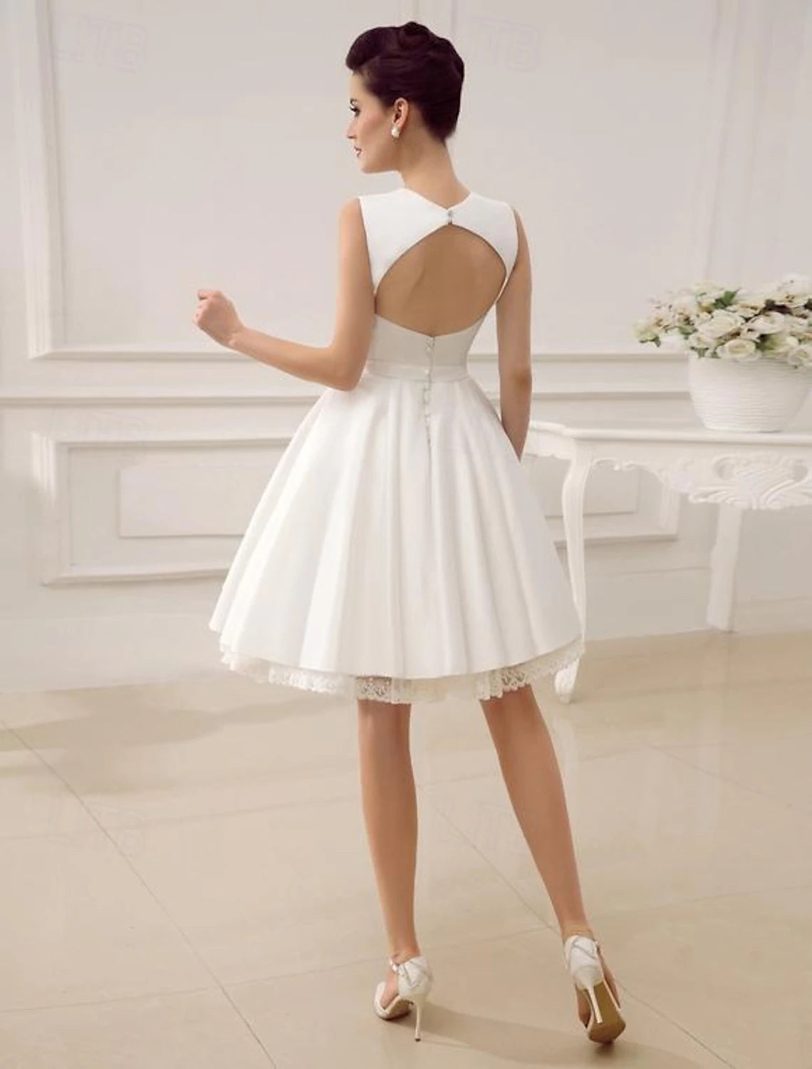Little White Dresses Wedding Dresses A-Line Square Neck Sleeveless Short Satin Bridal Gowns