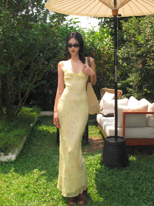 Cute Sheath Straps Print Floral Yellow Chiffon Long Party Dress