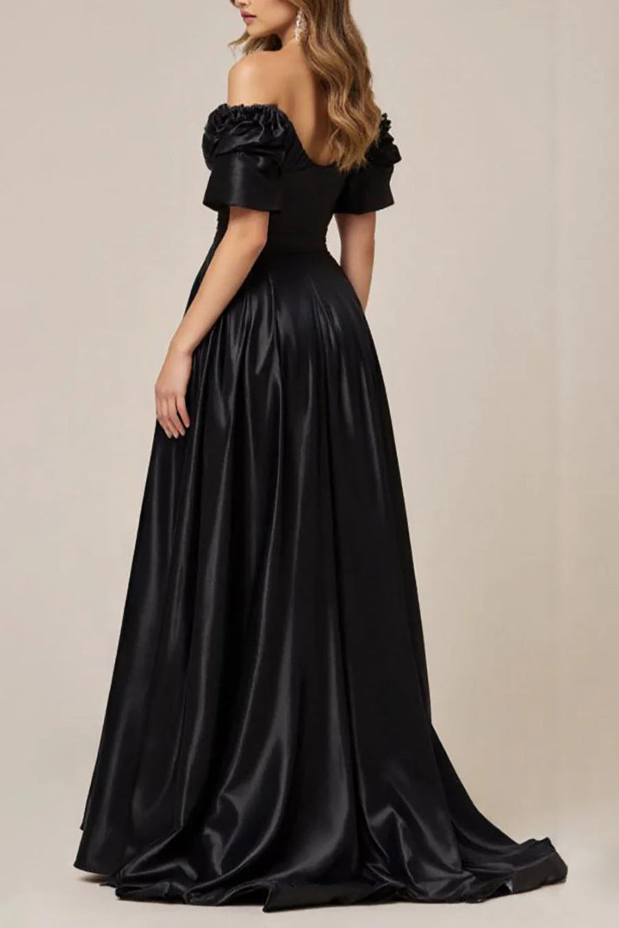 A Line Satin Off The Shoulder Long Black Tie Evening Dress With Slit