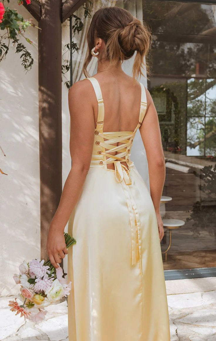 Butter Yellow A-Line Long Prom Dresses Straps Satin Elegant Bridesmaid Dresses