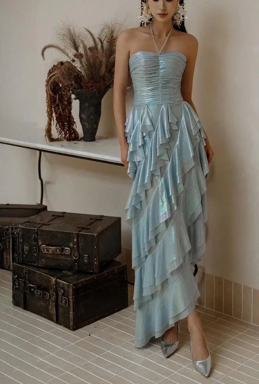 Halter Neck Chiffon Short Party Dress Gorgeous Layered Chiffon Glitter Ice Blue Homecoming Dress