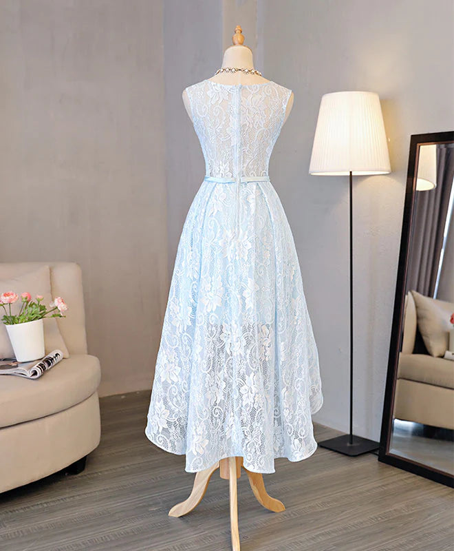 Light Blue Lace High Low Prom Dress, Appropriate color matching Homecoming Dress