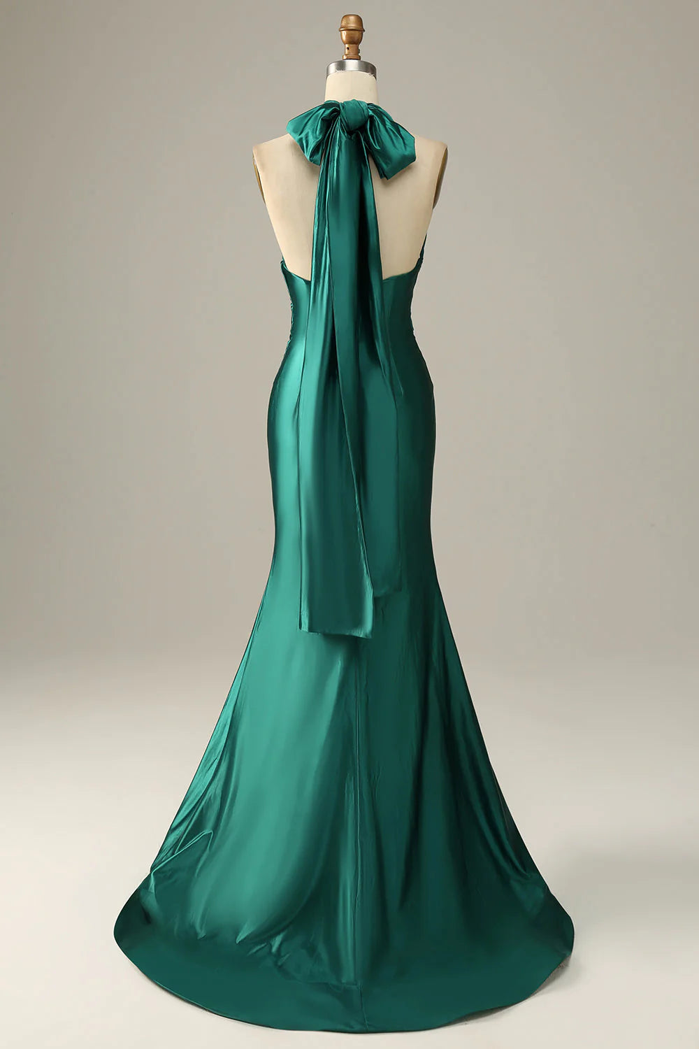 Dark Green Halter Lace Up Slim-fit Mermaid Prom Dresses With Slit
