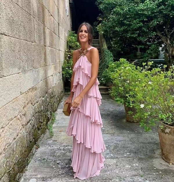 Halter Elastic Satin Floor Length Prom Dress With Layers Formal Gown