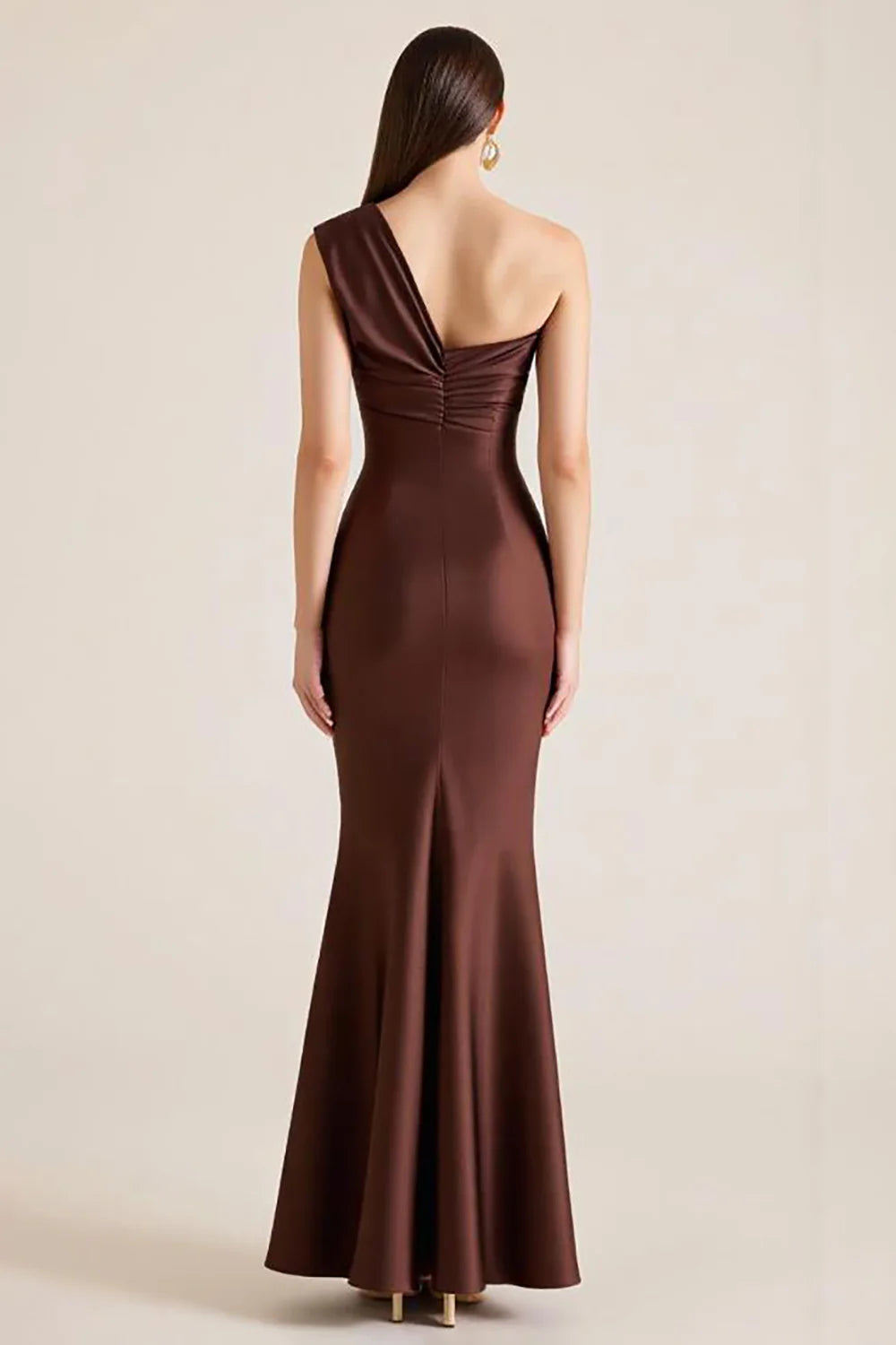 Full of charm Dark Brown One Shoulder Satin Long Mermaid Evening Dress