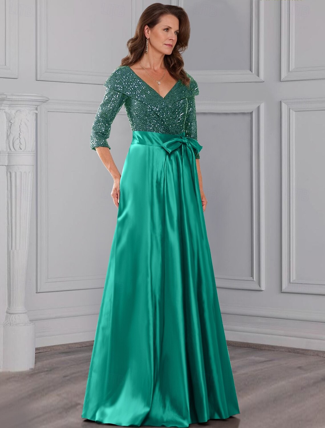 A-Line Mother of the Bride Dress Elegant Luxurious Sparkle & Shine Shirt Collar Floor Length Satin Glitter Lace Half Sleeve with Pleats Draping