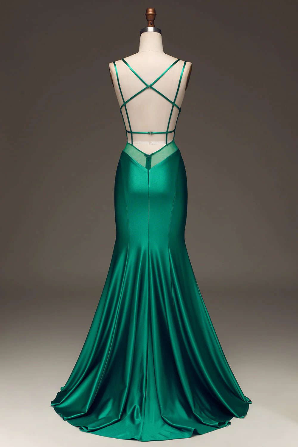 Green Deep V-Neck Satin Mermaid Prom Dress With Lace-Up Back