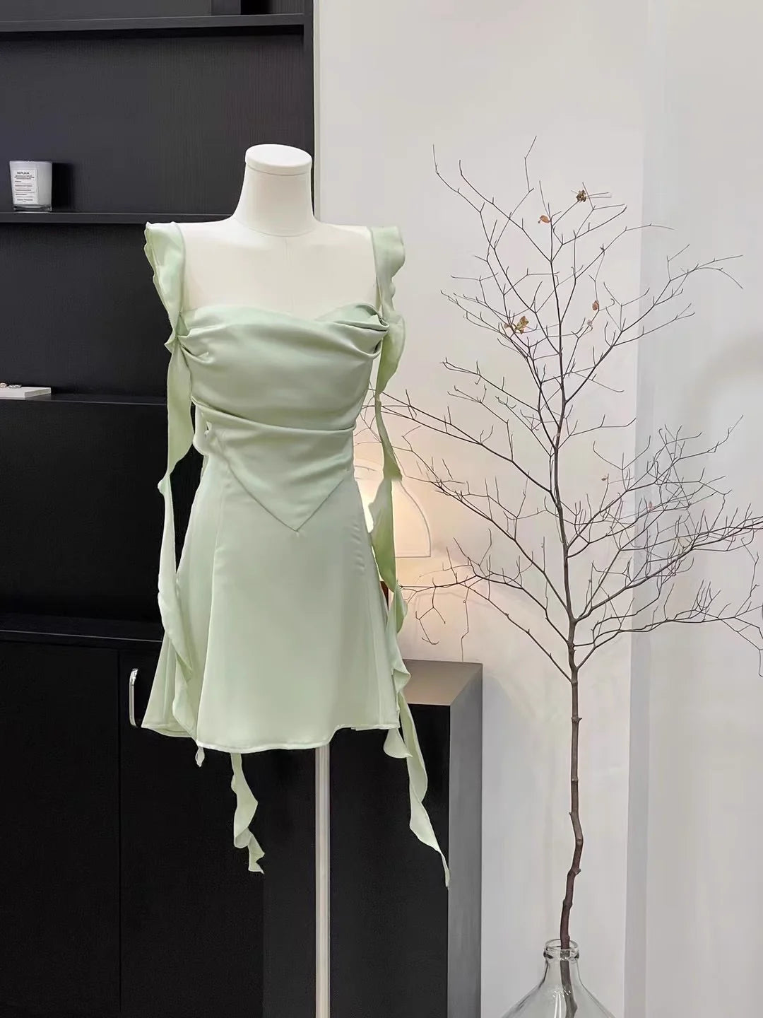 Straps Sleeveless Ruffled Sage Green Short Sexy Sheath Women's Holiday Summer Homecoming Dresses