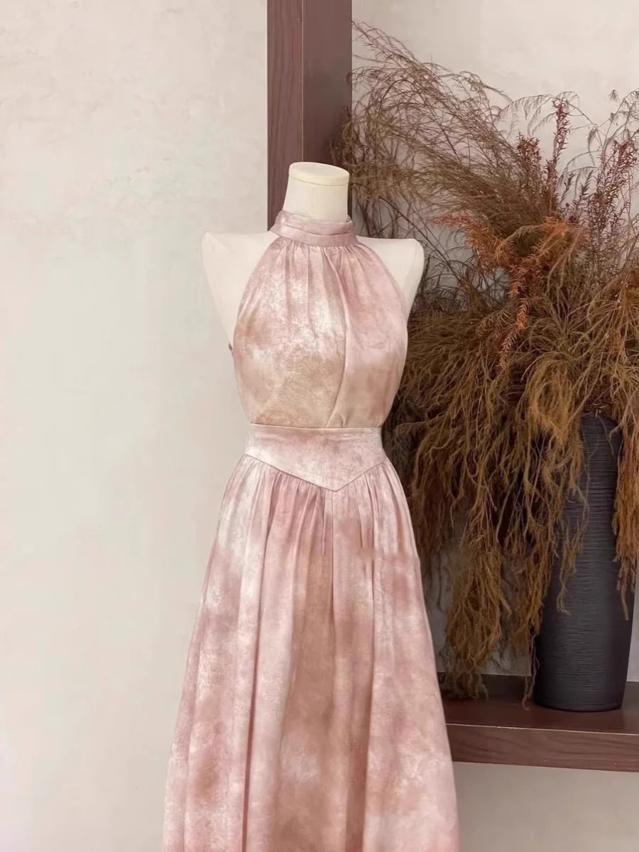 Sexy A Line Halter Ruffled Pink Long Women's Retract Your Waist Party Dresses