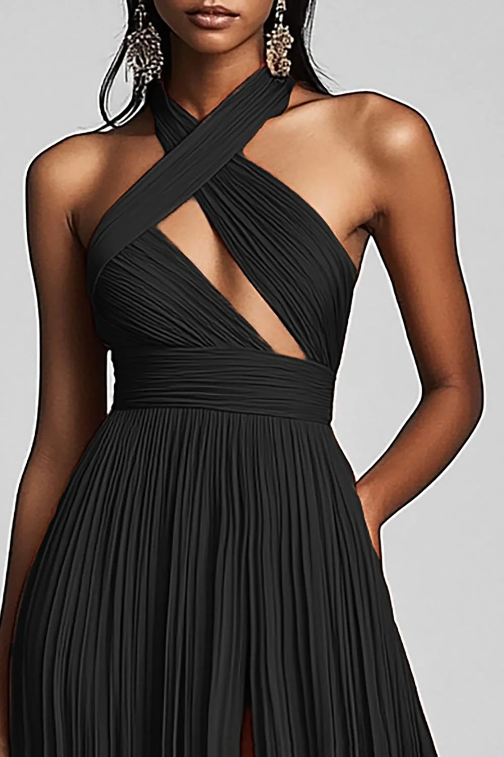 Black A Line Pleated Halter Neck Long Formal Evening Dress With Slit