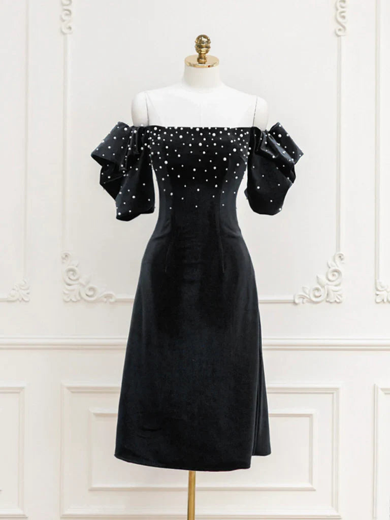 Black Velvet off-the-shoulder Beads Short Prom Dress, Unique design Homecoming Dresses