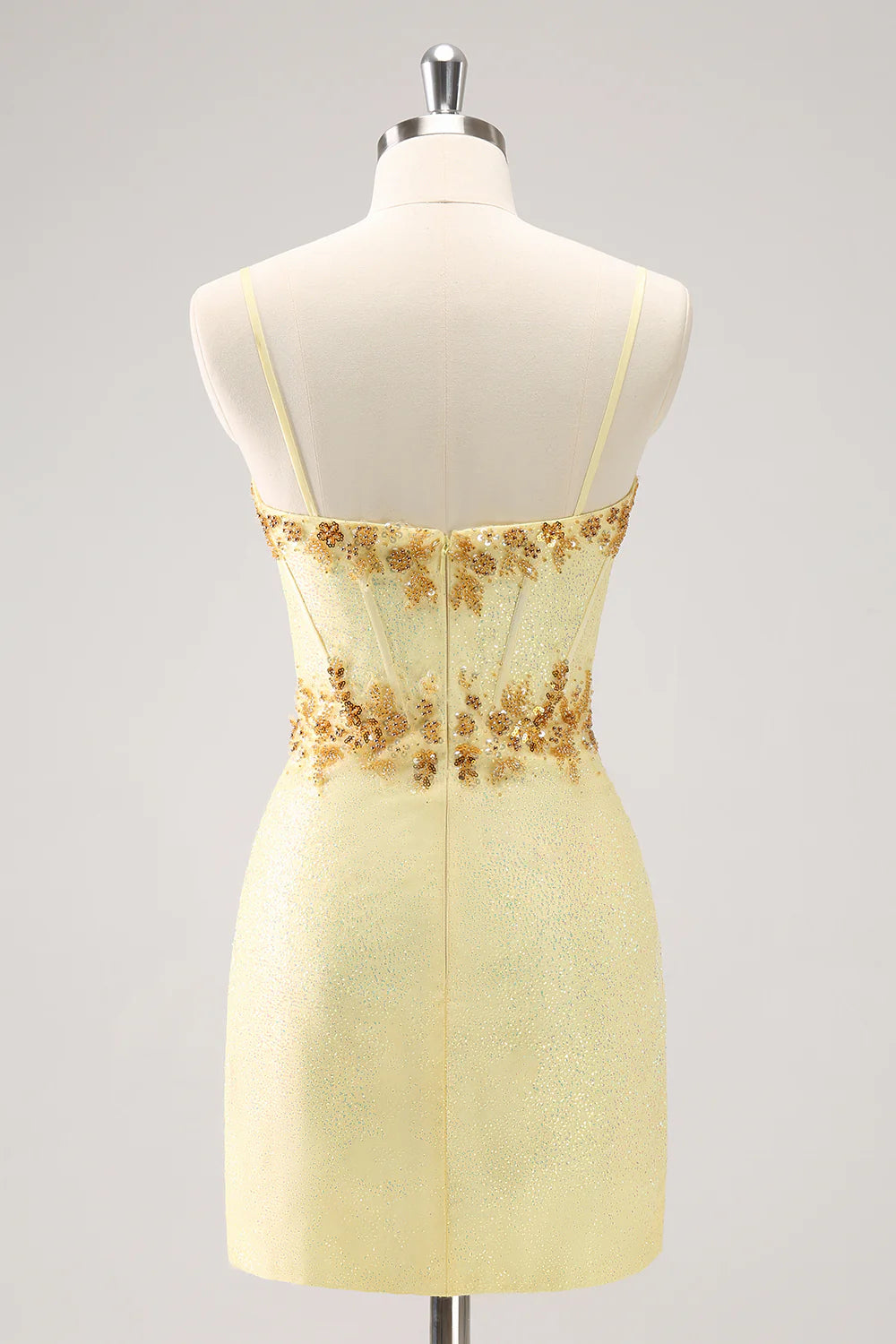 Sparkly Yellow Spaghetti Straps Corset Slim-fit Tight Short Homecoming Dress