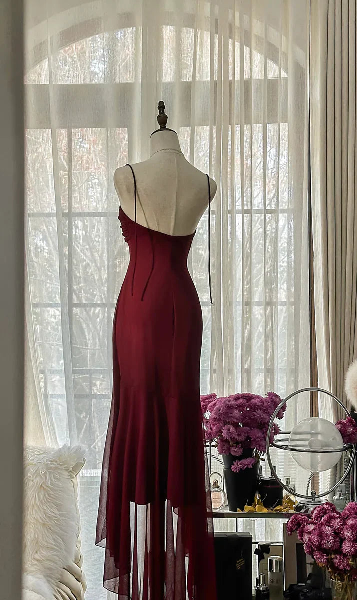 Burgundy Mermaid Halter Rhinestone Ruffle Chiffon Prom Dress Graduation Party Dress