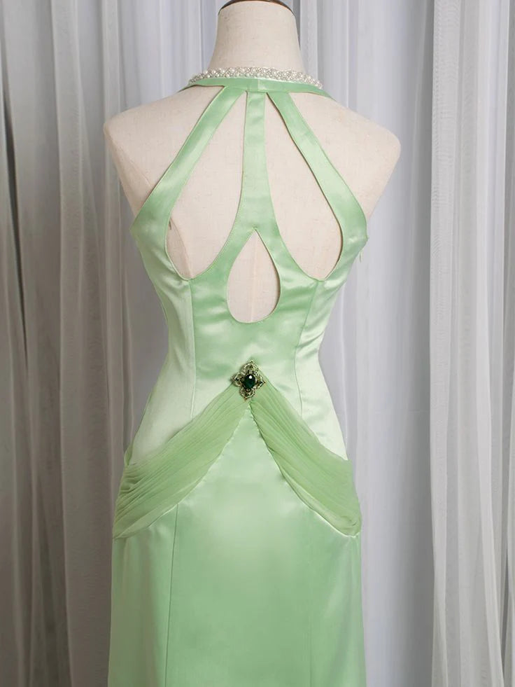 Vintage Mermaid Halter Satin Beaded Light Green Long Prom Dress